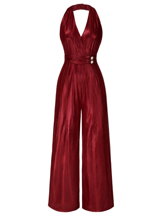 Red 1970s Solid V-Neck Halter Jumpsuit