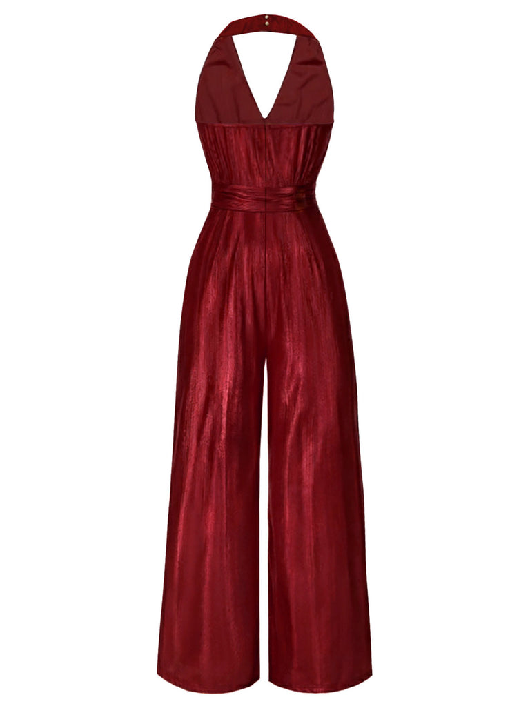 Red 1970s Solid V-Neck Halter Jumpsuit