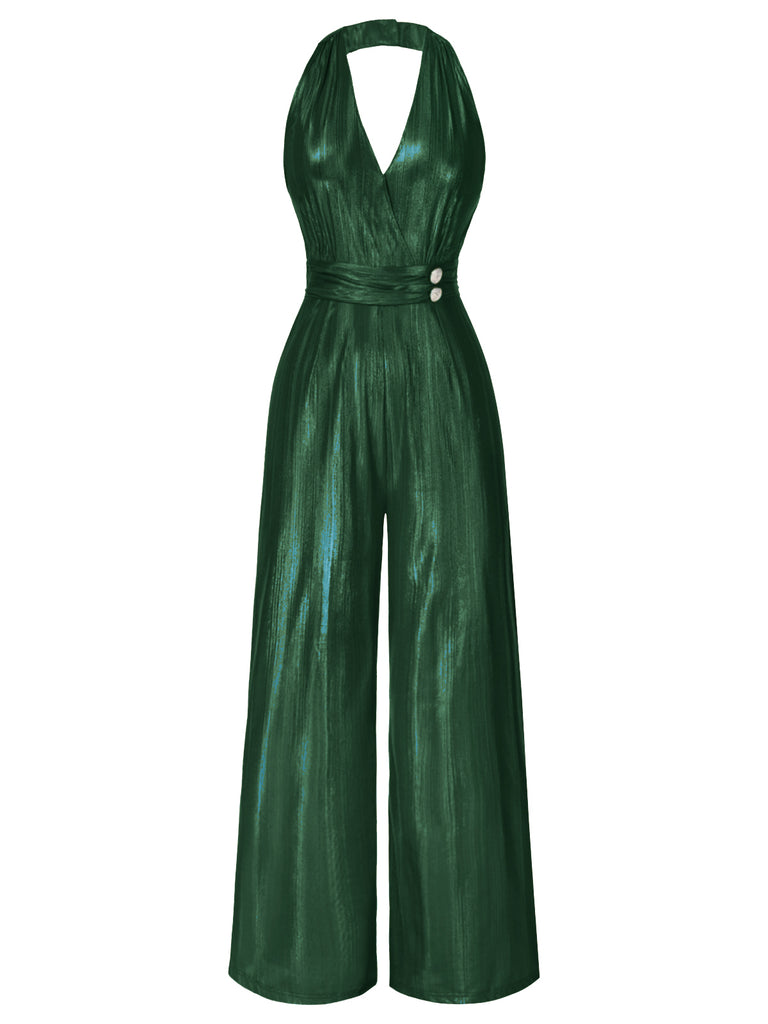 [Pre-Sale] Silver 1970s Solid V-Neck Halter Jumpsuit
