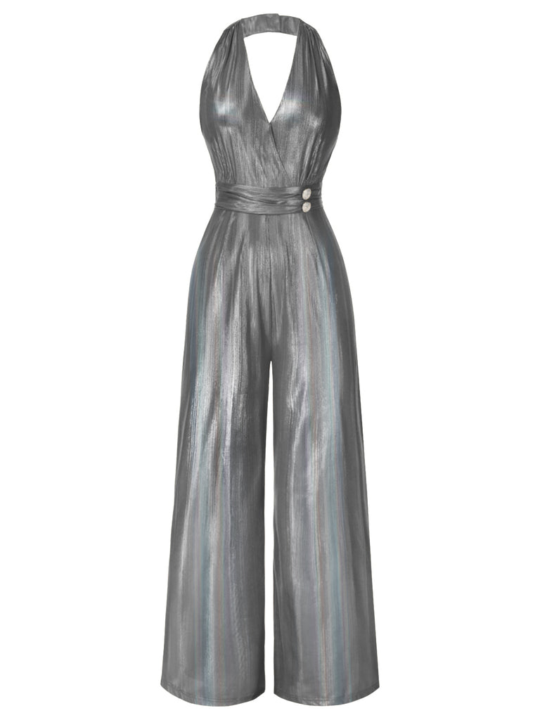 [Pre-Sale] Silver 1970s Solid V-Neck Halter Jumpsuit