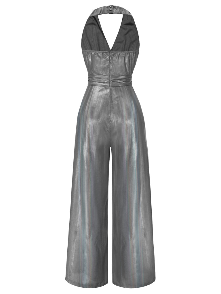 [Pre-Sale] Silver 1970s Solid V-Neck Halter Jumpsuit