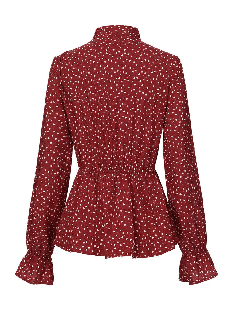 Red 1940s Polka Dot Lace-Up Chiffon Blouse