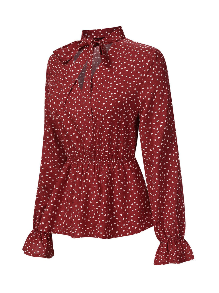 Red 1940s Polka Dot Lace-Up Chiffon Blouse