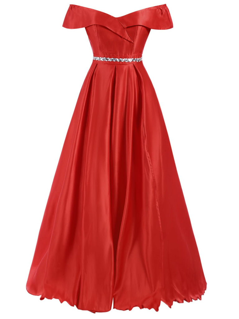 Red 1930s Off-Shoulder Maxi Evening Dress