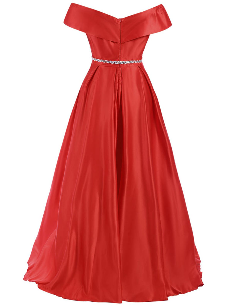 Red 1930s Off-Shoulder Maxi Evening Dress