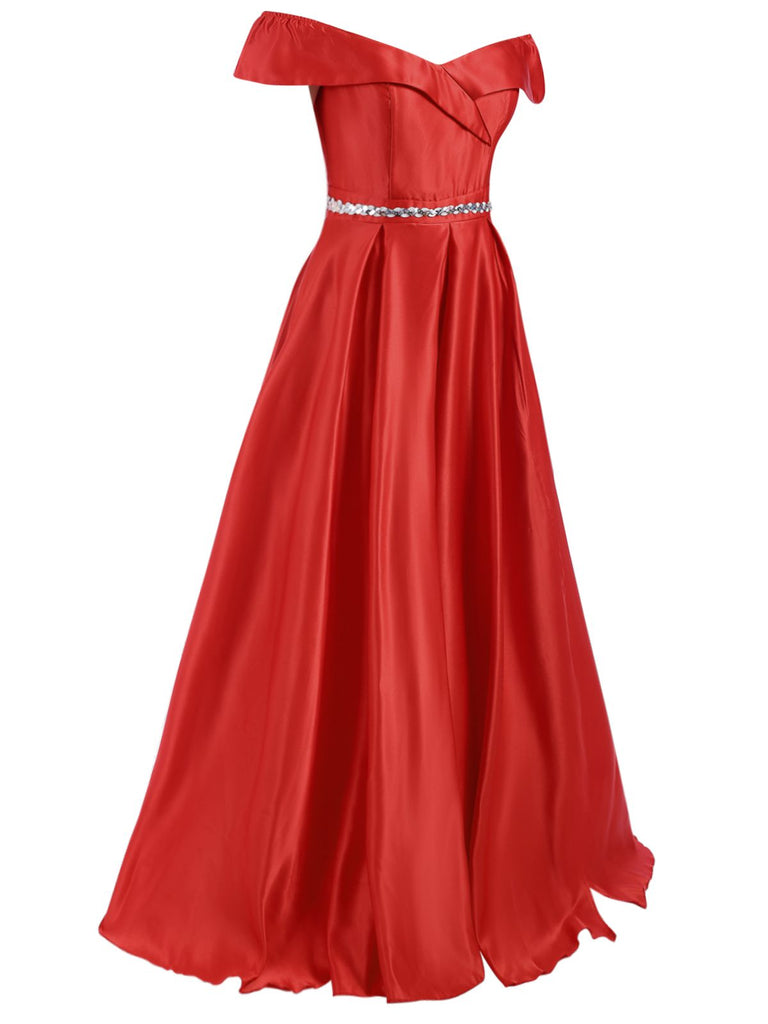 Red 1930s Off-Shoulder Maxi Evening Dress