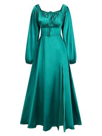 1940s Solid Square Neck Pleated Dress
