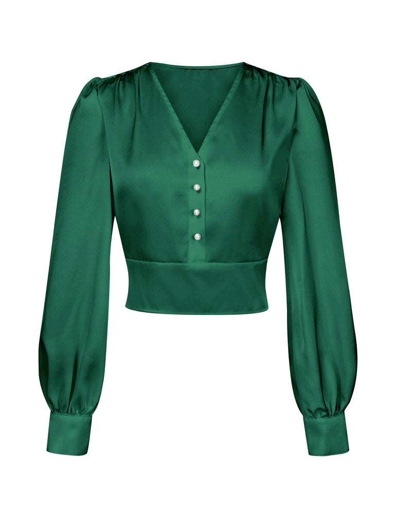 White 1940s Satin V-Neck Lantern Sleeves Blouse