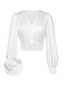 White 1940s Satin V-Neck Lantern Sleeves Blouse