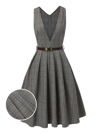 Grey 1940s Deep V-Neck Glen Plaid Dress