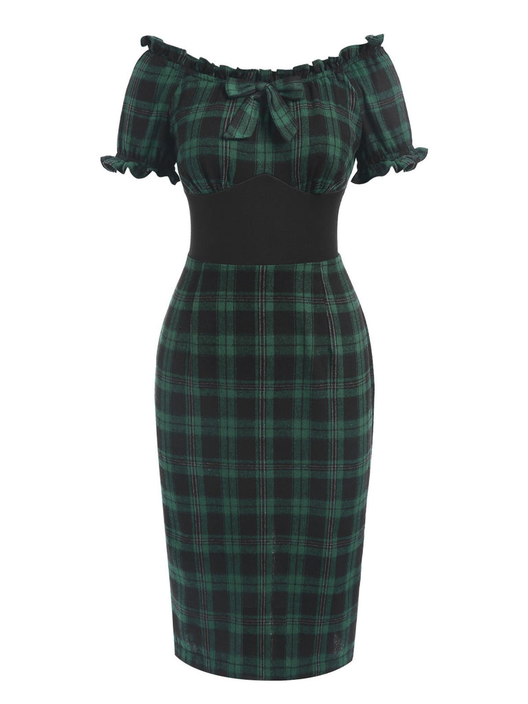 Green 1960s Off Shoulder Bow Tartan Pencil Dress