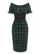 Green 1960s Off Shoulder Bow Tartan Pencil Dress