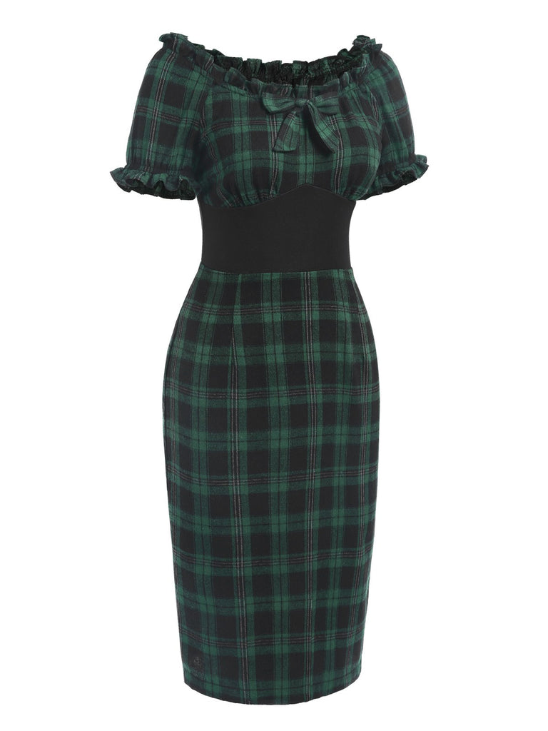 Green 1960s Off Shoulder Bow Tartan Pencil Dress