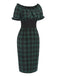 Green 1960s Off Shoulder Bow Tartan Pencil Dress