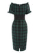 Green 1960s Off Shoulder Bow Tartan Pencil Dress