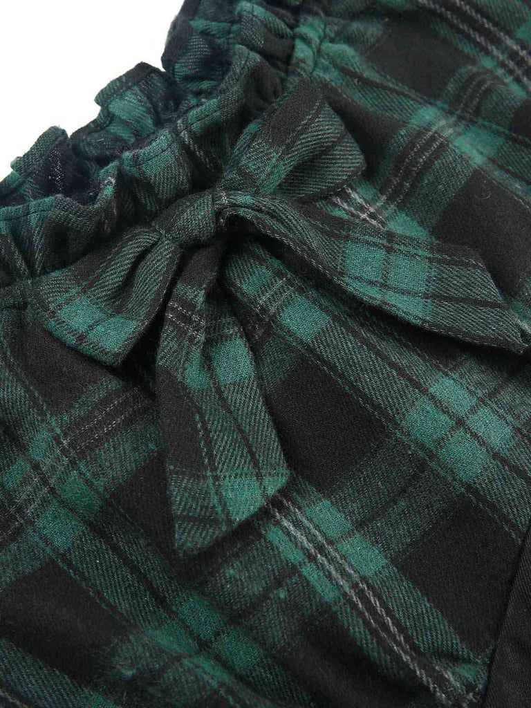 Green 1960s Off Shoulder Bow Tartan Pencil Dress