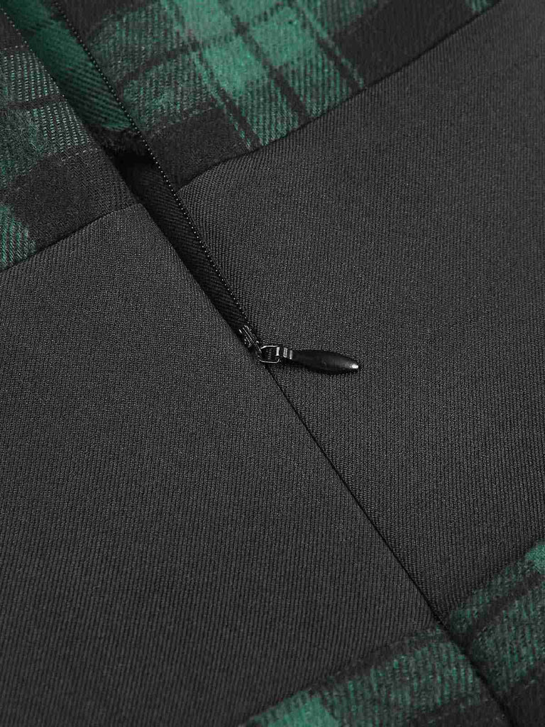 Green 1960s Off Shoulder Bow Tartan Pencil Dress