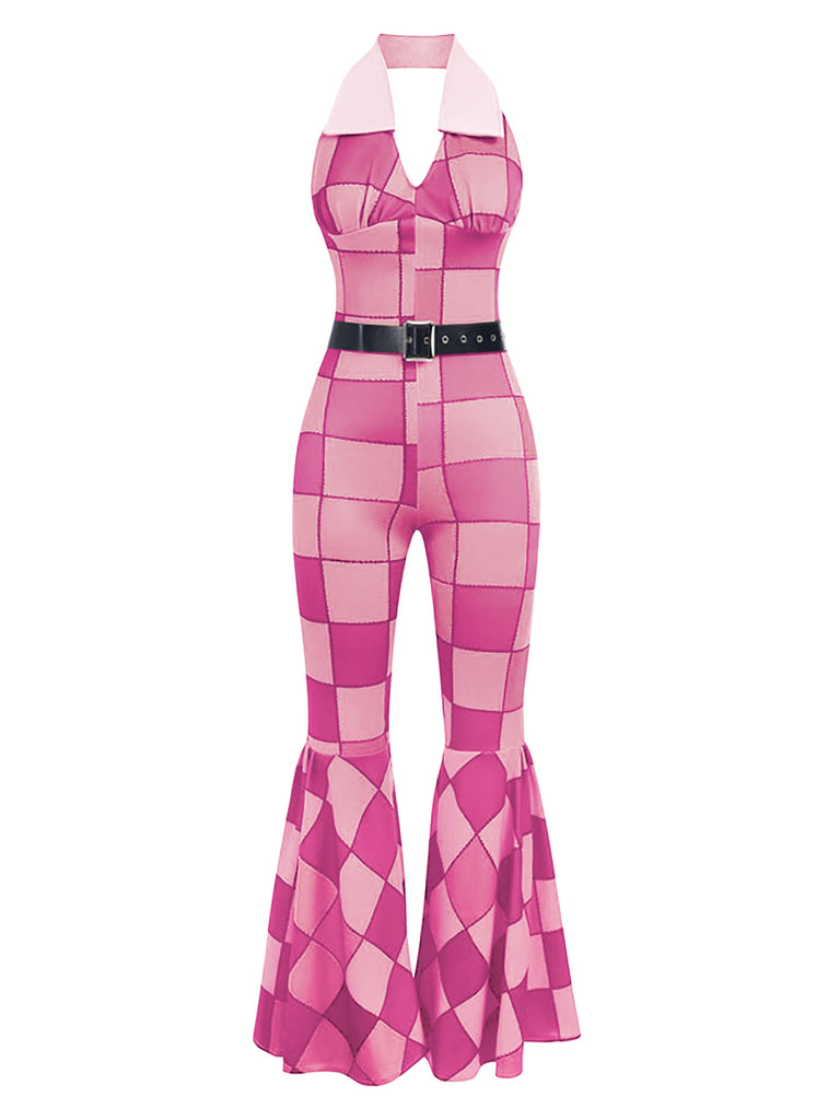 Pink 1970s Geometric Pattern Patchwork Halter Jumpsuit Retro Stage
