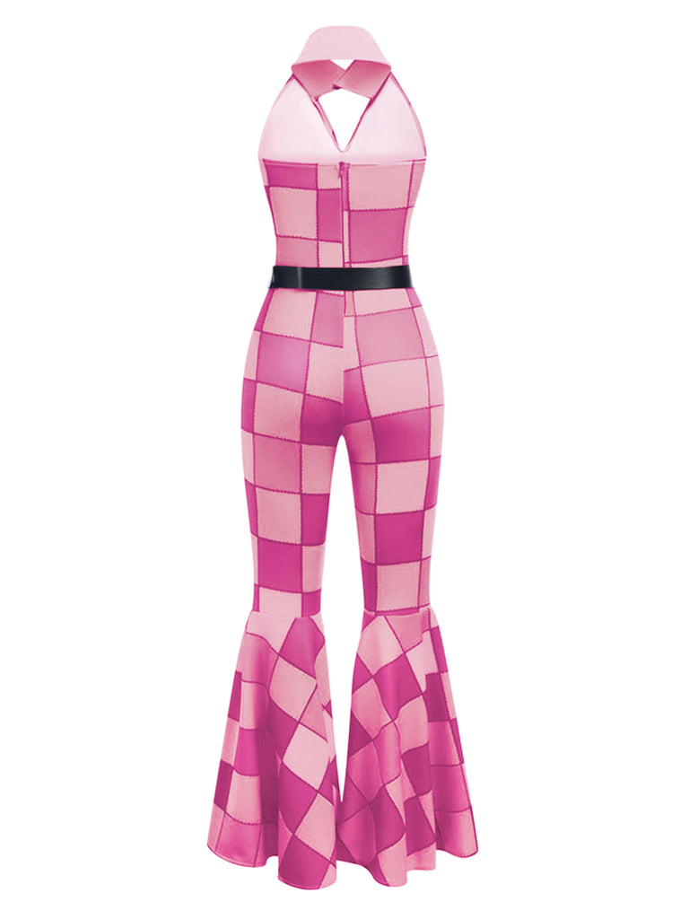 [Pre-Sale] Pink 1970s Geometric Pattern Patchwork Halter Jumpsuit