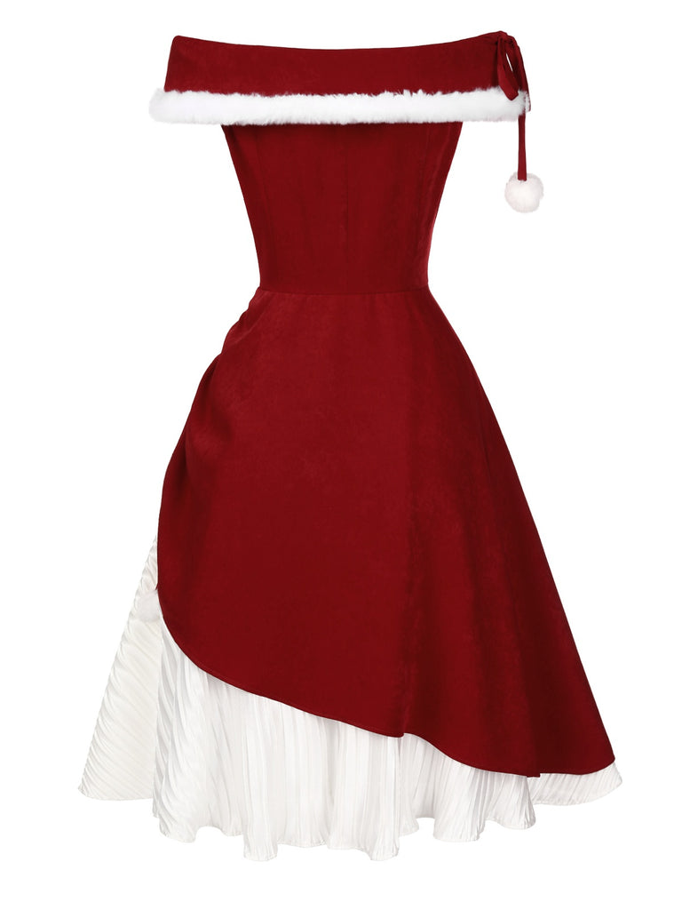 Red 1950s Christmas Plush Off-Shoulder Dress