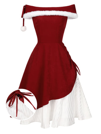 Red 1950s Christmas Plush Off-Shoulder Dress