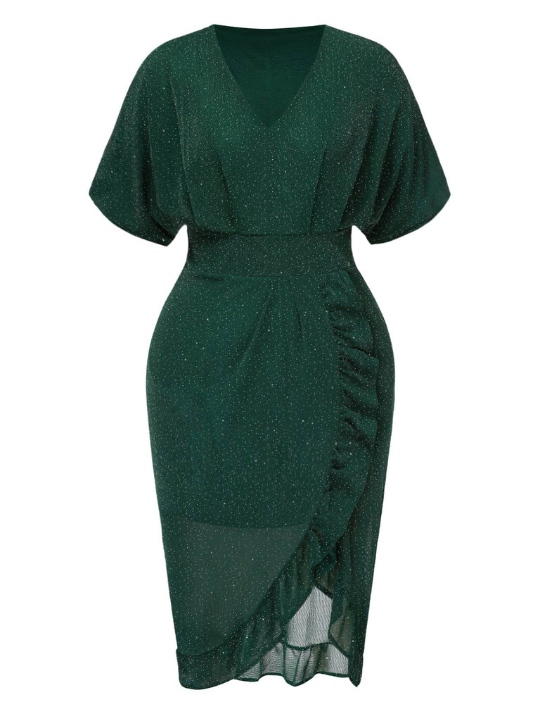 [Plus Size] Dark Green 1940s V-Neck Ruffles Solid Dress