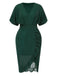 [Plus Size] Dark Green 1940s V-Neck Ruffles Solid Dress
