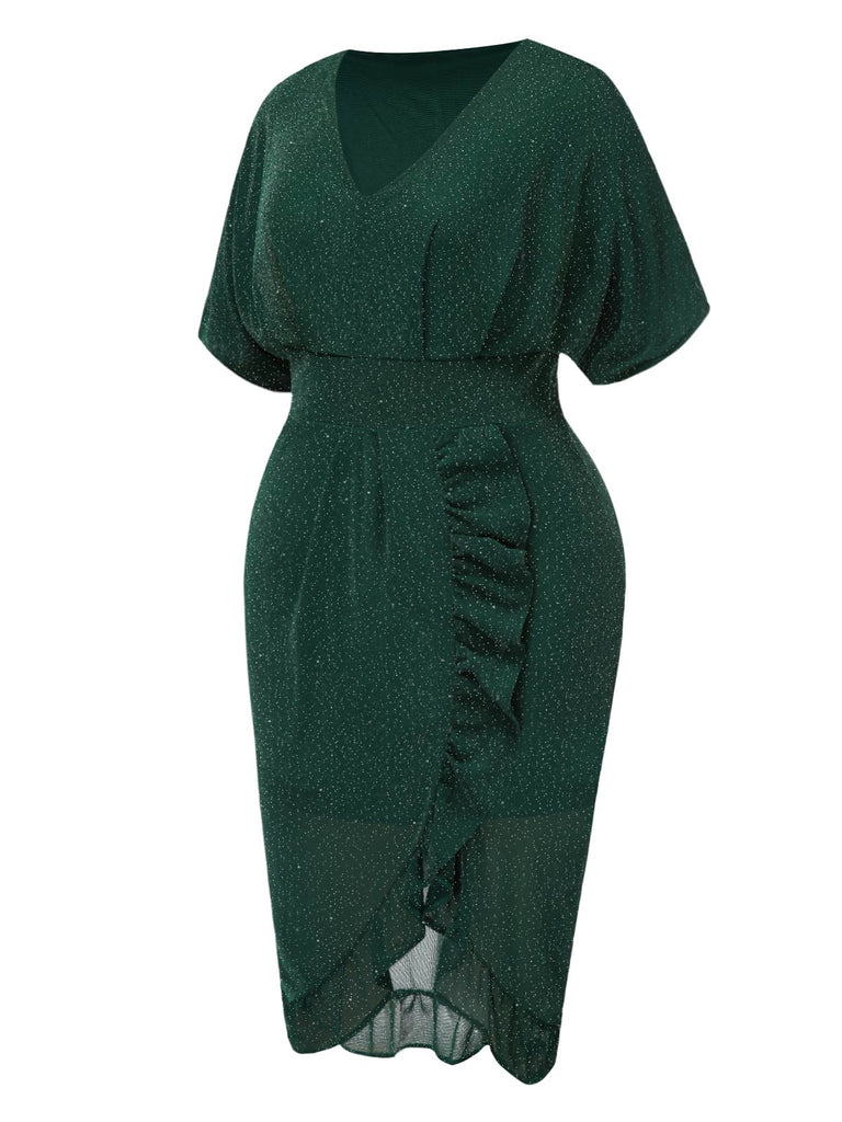 [Plus Size] Dark Green 1940s V-Neck Ruffles Solid Dress