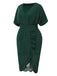 [Plus Size] Dark Green 1940s V-Neck Ruffles Solid Dress