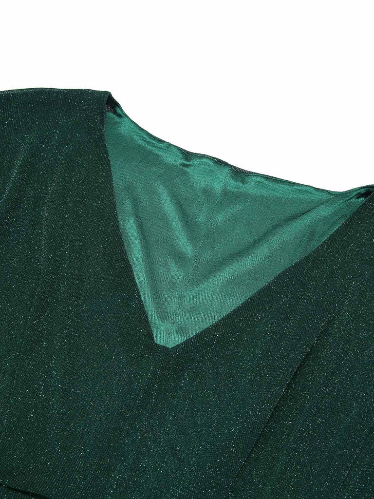 [Plus Size] Dark Green 1940s V-Neck Ruffles Solid Dress
