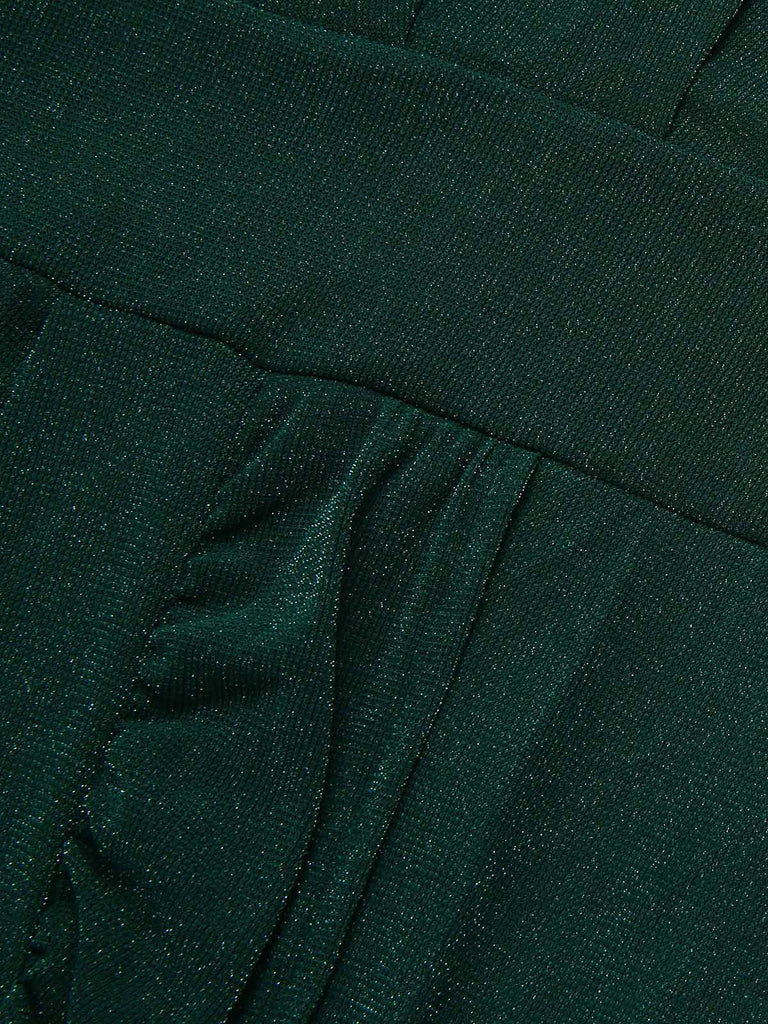[Plus Size] Dark Green 1940s V-Neck Ruffles Solid Dress