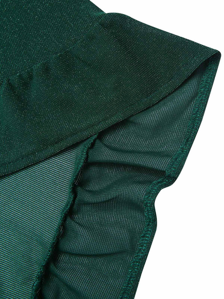 [Plus Size] Dark Green 1940s V-Neck Ruffles Solid Dress