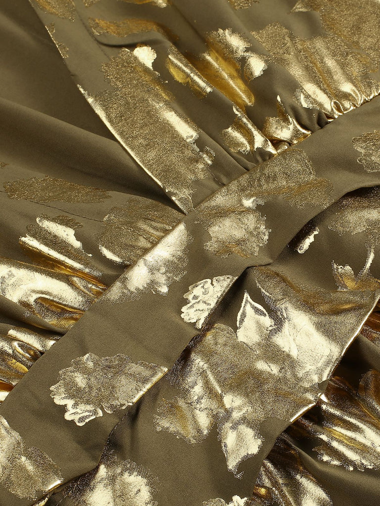 Metallic Gold 1980s Floral Deep V-Neck Cocktail Dress