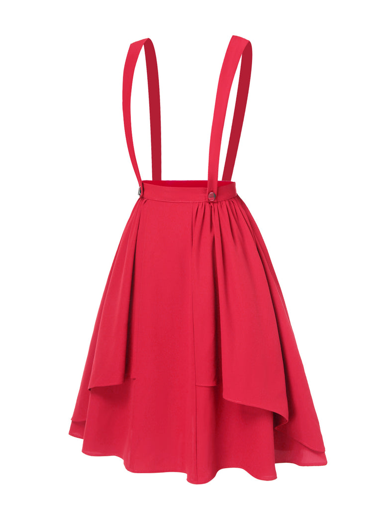 Red 1940s Solid Layered Suspender Skirt