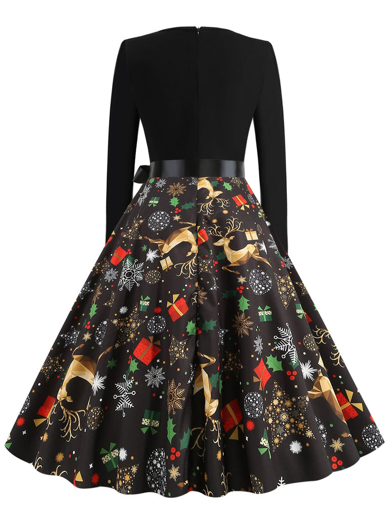 Red 1950s Christmas Print Belted Dress
