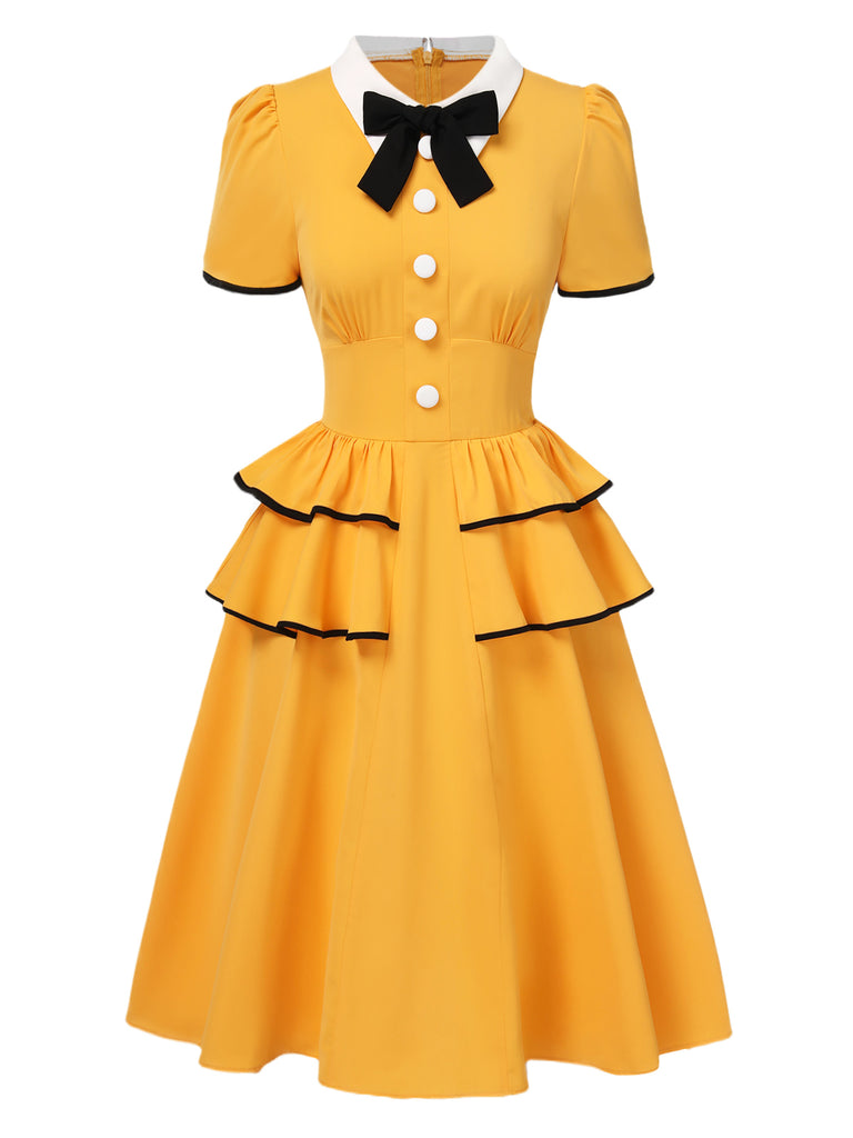 Yellow 1950s Lapel Bow Tie Layered Ruffle Dress
