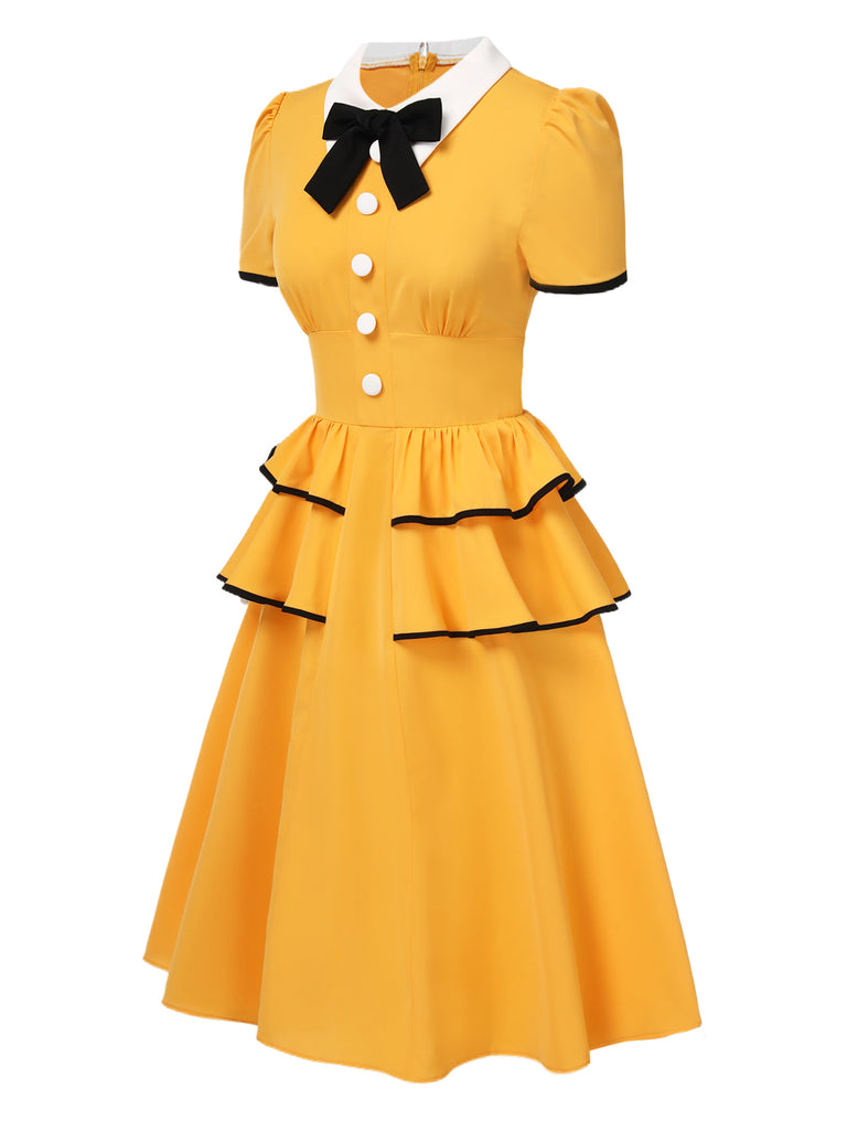 Yellow 1950s Lapel Bow Tie Layered Ruffle Dress