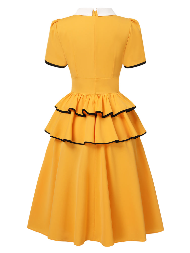 Yellow 1950s Lapel Bow Tie Layered Ruffle Dress