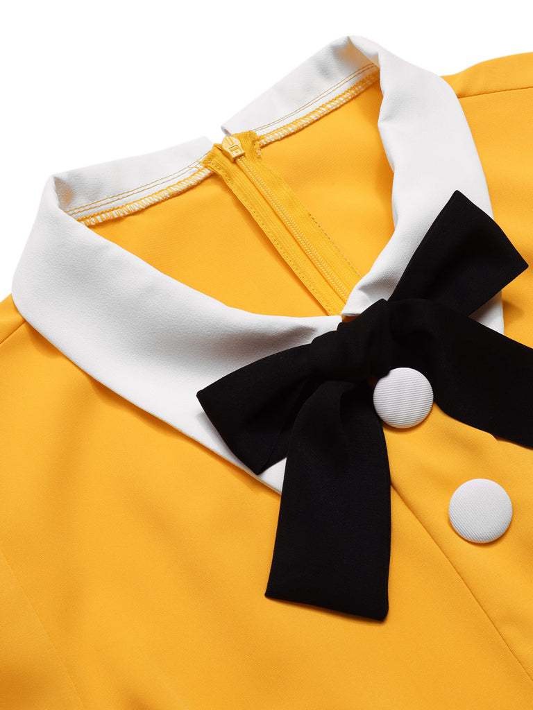 Yellow 1950s Lapel Bow Tie Layered Ruffle Dress