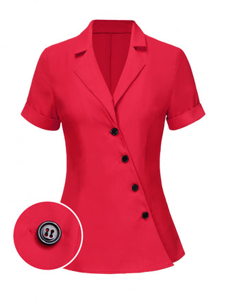 Red 1940s Solid Lapel Button-Down Blouse