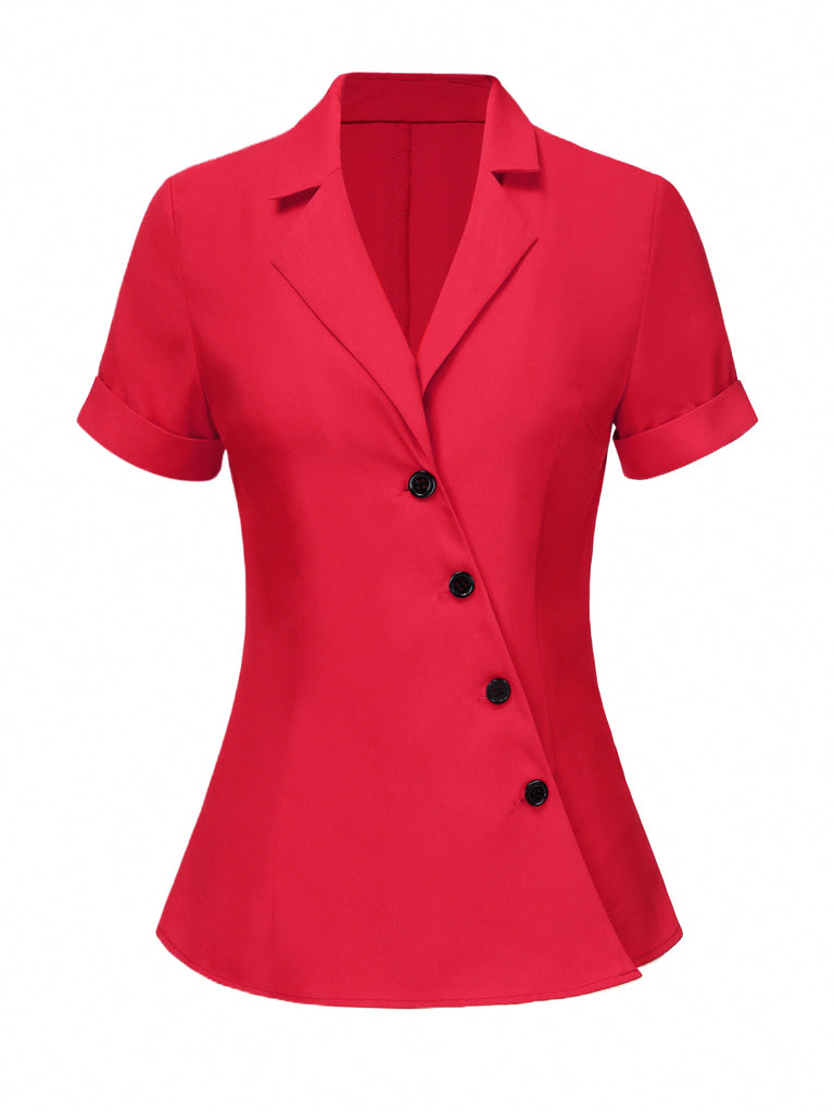 Red 1940s Solid Lapel Button-Down Blouse