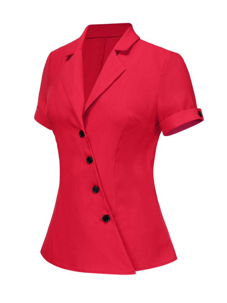 Red 1940s Solid Lapel Button-Down Blouse