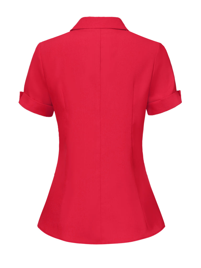 Red 1940s Solid Lapel Button-Down Blouse