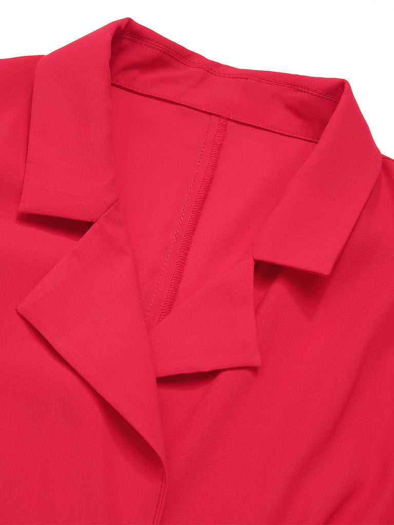 Red 1940s Solid Lapel Button-Down Blouse