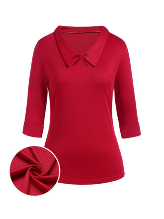 Red 1940s Solid Half Sleeves Lapel Top