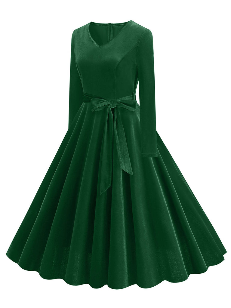 1950s Solid Velvet V-Neck Swing Dress Retro Stage