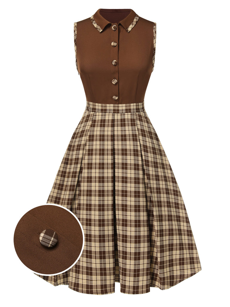 Brown 1950s Plaids Lapel Patchwork Dress