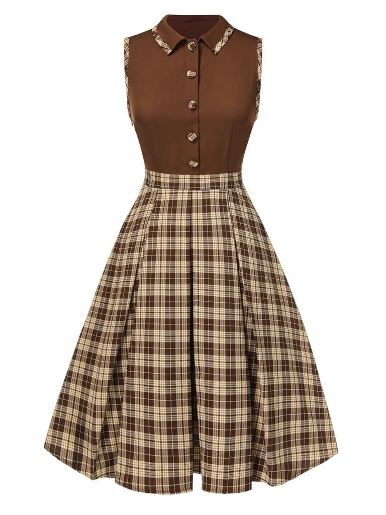 Brown 1950s Plaids Lapel Patchwork Dress