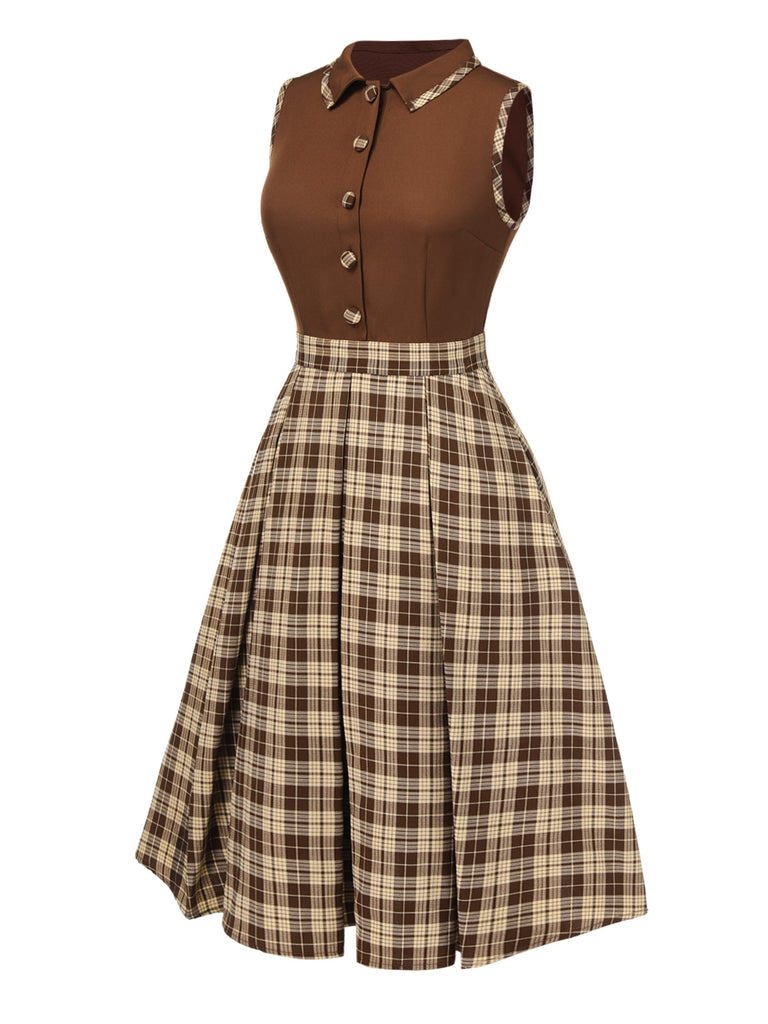 Brown 1950s Plaids Lapel Patchwork Dress
