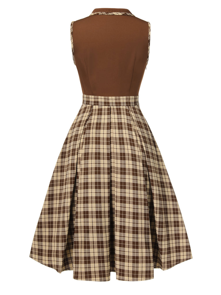 Brown 1950s Plaids Lapel Patchwork Dress